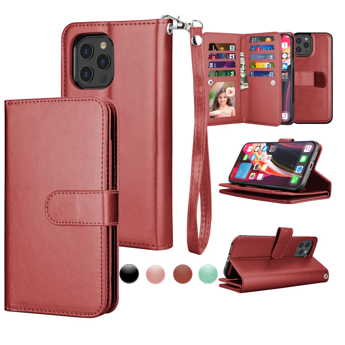 iPhone 12 Mini Case, Wallet Case iPhone 12, iPhone 12 Mini PU Leather Case, Njjex PU Leather Magnet Stand Wallet Credit Card Holder Flip Case 9 Card Slots Case for Apple iPhone 12 Mini 5.4" 2020 -Wine - image 1 of 6