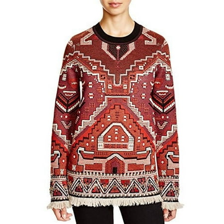 Tory Burch Tapestry Jacquard Merino Wool Crewneck Sweater Jumper, Red, X-Small