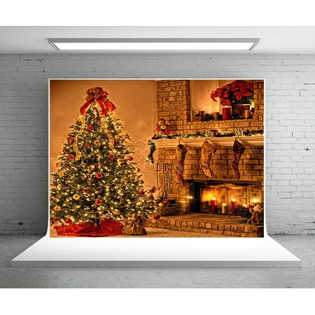 Image of HelloDecor 5x7ft Brick Christmas Photography Backdrops Vintage Brown Backgrounds Bright Christmas Tree Photo Booth Backdrop for Pictures