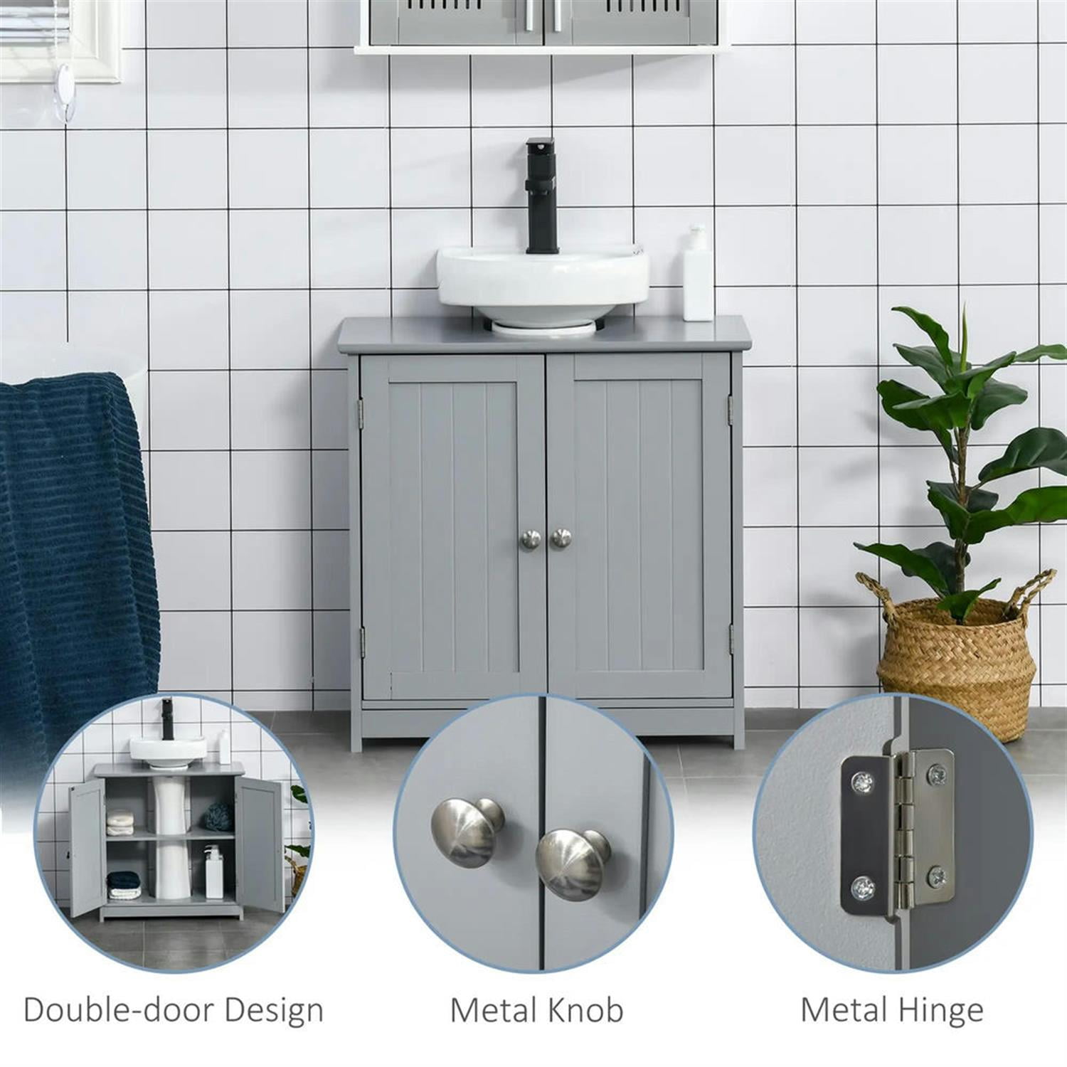 Demi Bonn 23" Bathroom Vanity with U-Shape Cut-Out and Adjustable Internal Shelf, Pedestal Sink 2-Door Cabinet, Under Sink Cabinet, Gray