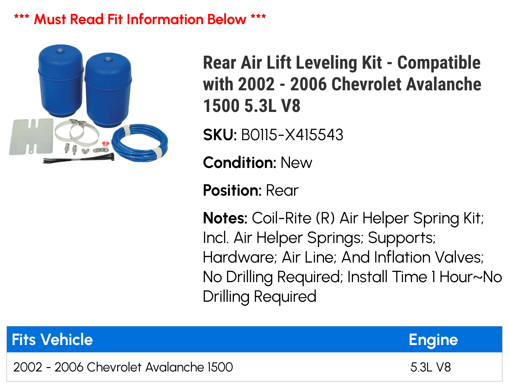 Rear Air Lift Leveling Kit - Compatible with 2002 - 2006 Chevy Avalanche 1500 5.3L V8 2003 2004 2005