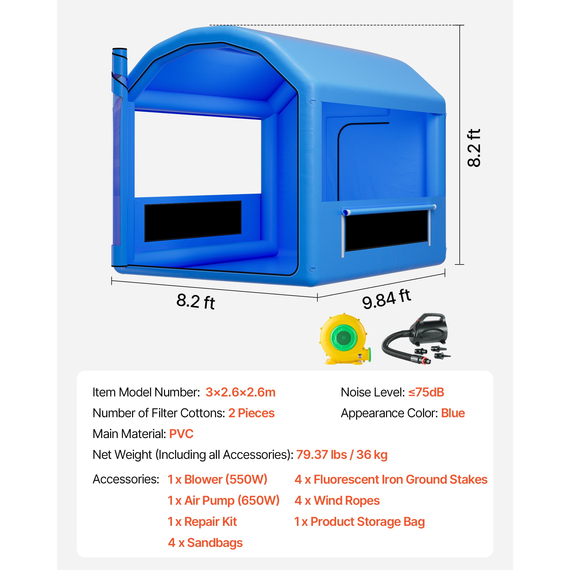 KFFKFF Inflatable Paint Booth, 9.84 x 8.2 x 8.2 ft, Spray Tent with 550W Blower and Air Filtration, Rounded Roof Design, Suitable for Painting Bikes, Motorcycles, and Vehicle Panels