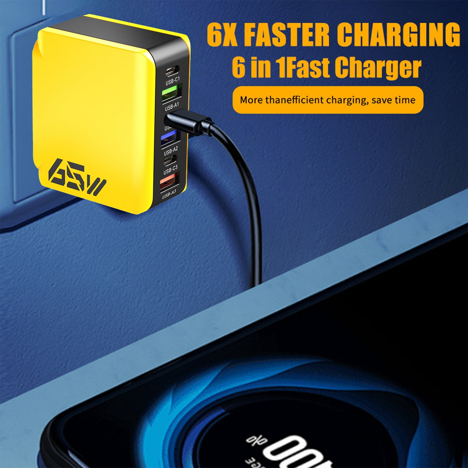 US Standard 65W 6-in-1 Multi-Port USB Fast Charger, Universal USB Charging Head Compatible with Phones Tablets Laptops & Multiple Devices