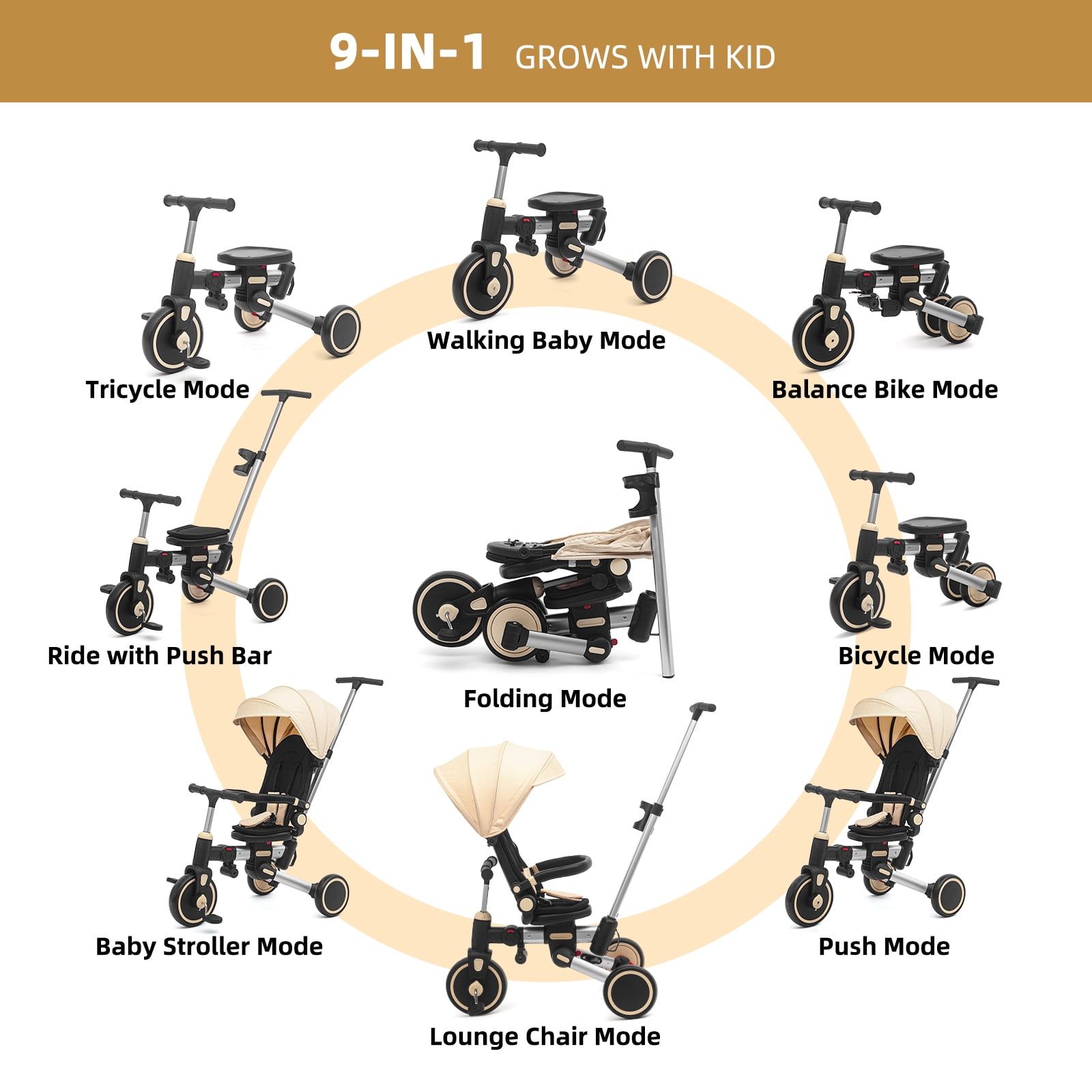 korimefa, Tricycle for Toddlers, 9-in-1 Foldable Baby Trike Beige