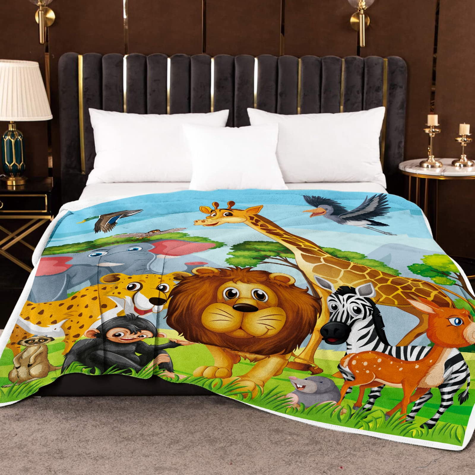 Jungle Animal Throw Blanket, Cozy Flannel Animal Blanket for Kids, Soft Jungle Fleece Blanket with Giraffe Elephant Lion Print, Fuzzy Safari Zoo Blankets for Toddler Child Girl Boy Gift,(30"x40")
