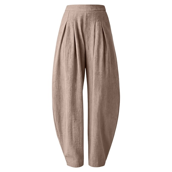 iHPH7 Women's High Waisted Barrel Pants Cotton Linen Pleated Harem Trousers with Pockets Casual Summer Boho Beach Lounge Baggy Bottoms Beige L