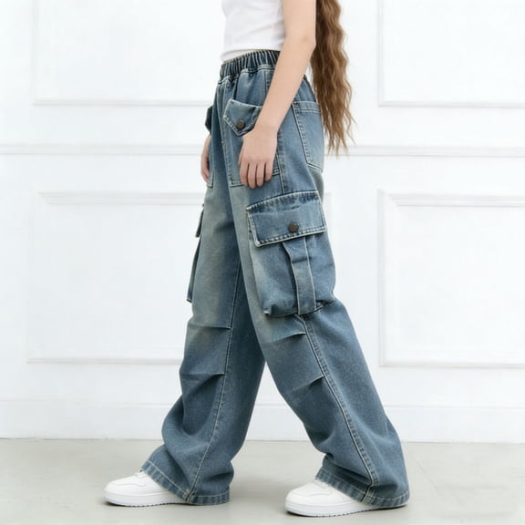 hengsof Girls Cargo Pants Baggy Cargo Trousers Jeans Wide Leg Pants with Multi Pockets 5-15 Years