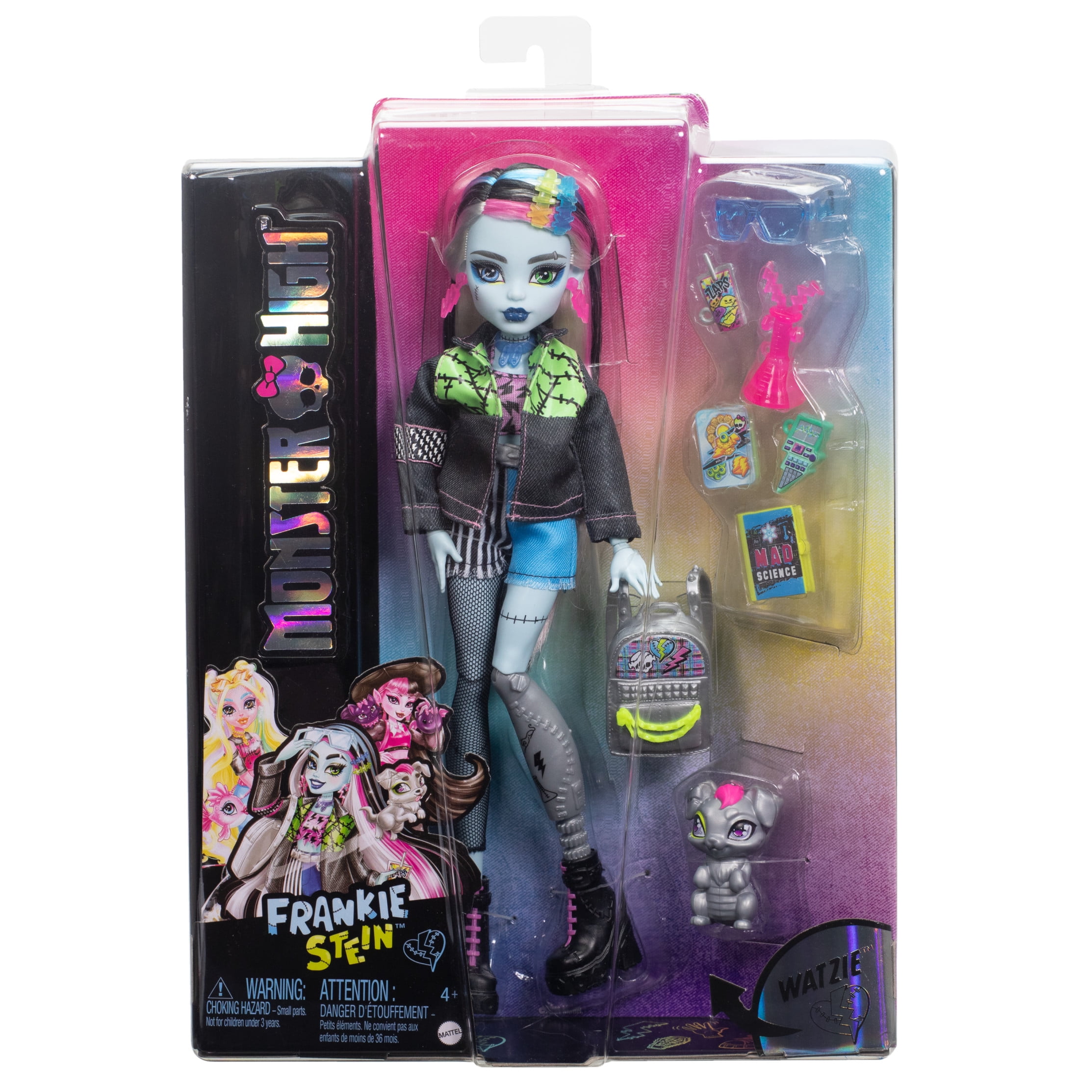 Monster High Frankie Stein Fashion Doll in Denim Jacket with Pet Watzie, Backpack & Accessories