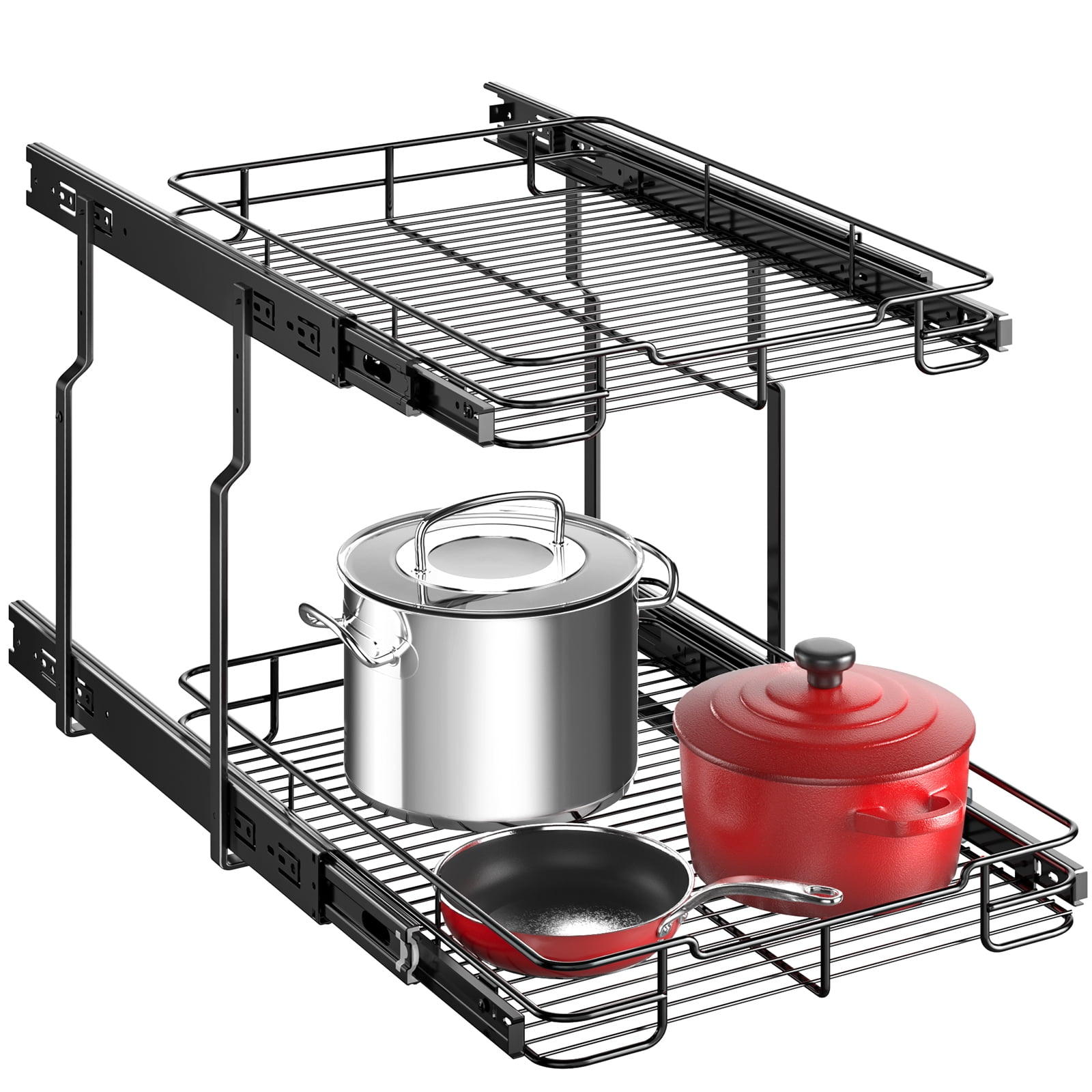 ORDORA 2 Tier Pull Out Cabinet Organizer, Heavy Duty Shelves for Kitchen Bathroom, Slide Out Chrome Steel Shelf Organizer Black