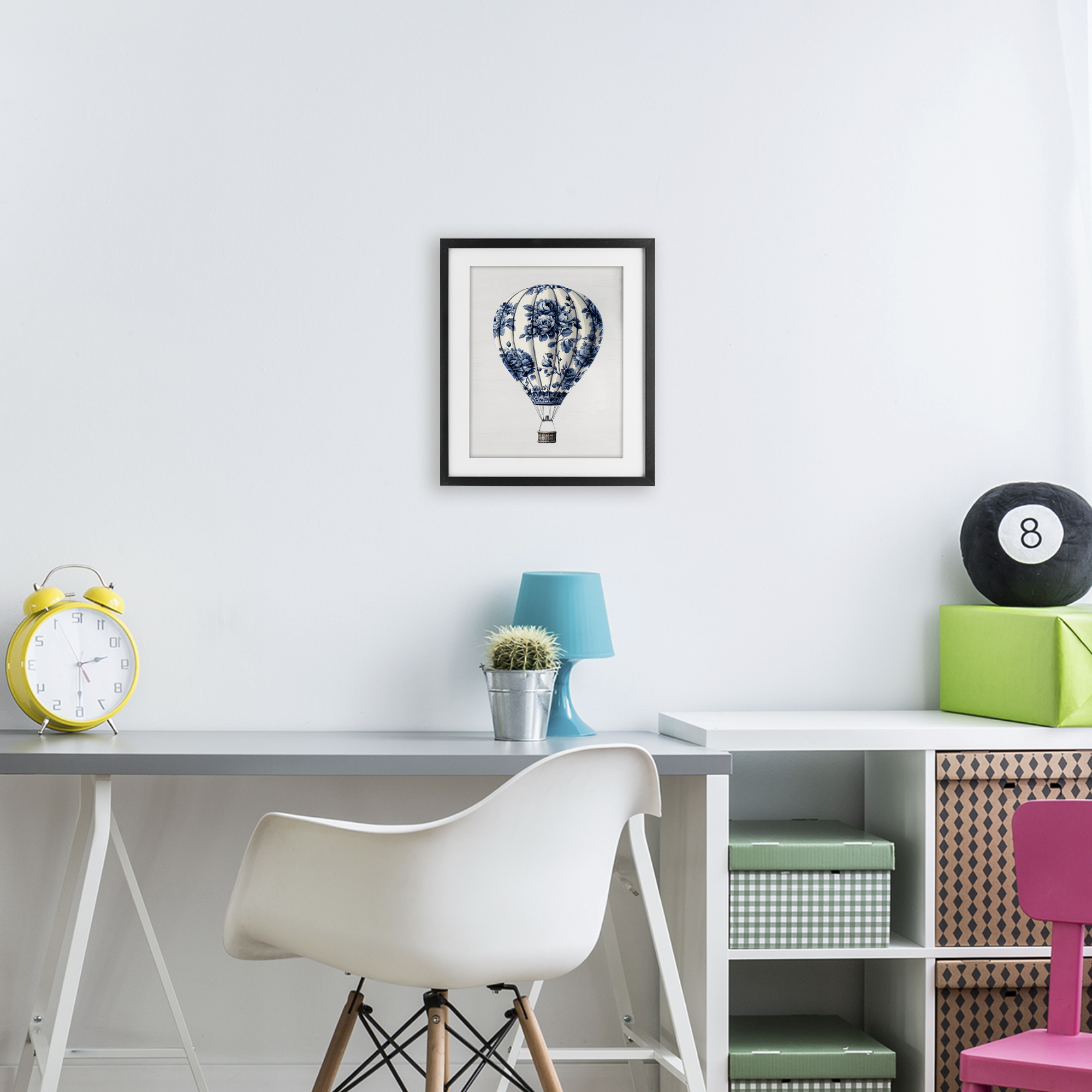 Vintage Toile Hot Air Balloon Black Framed Print Under Glass, design by Lettered and Lined