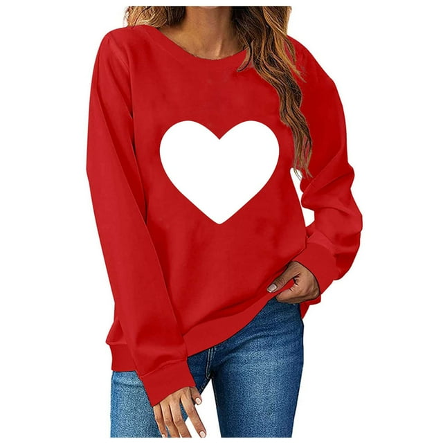 TIMIFIS Chandails à Col Rond pour Femmes Mode Mignon Imprimé Amour Manches Longues Chandail Décontracté Cœur Chandail Chemises Tenue de la Saint-Valentin Femmes - Printemps/été