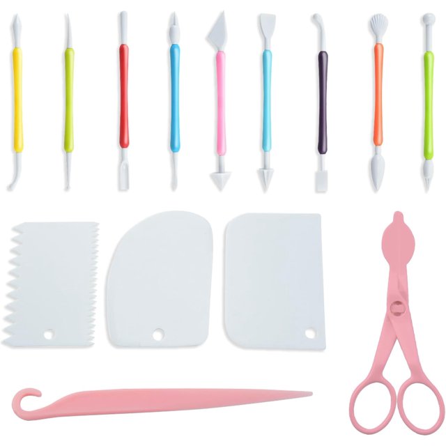 Roucerlin 14 Pieces Beginner Fondant Cake Decorating Tools Set, Plastic Fondant Sculpting Tools with Cake Scraper Smoother, Stripping Knife & Scissors, Fondant Modelling Cake Decoration Tool