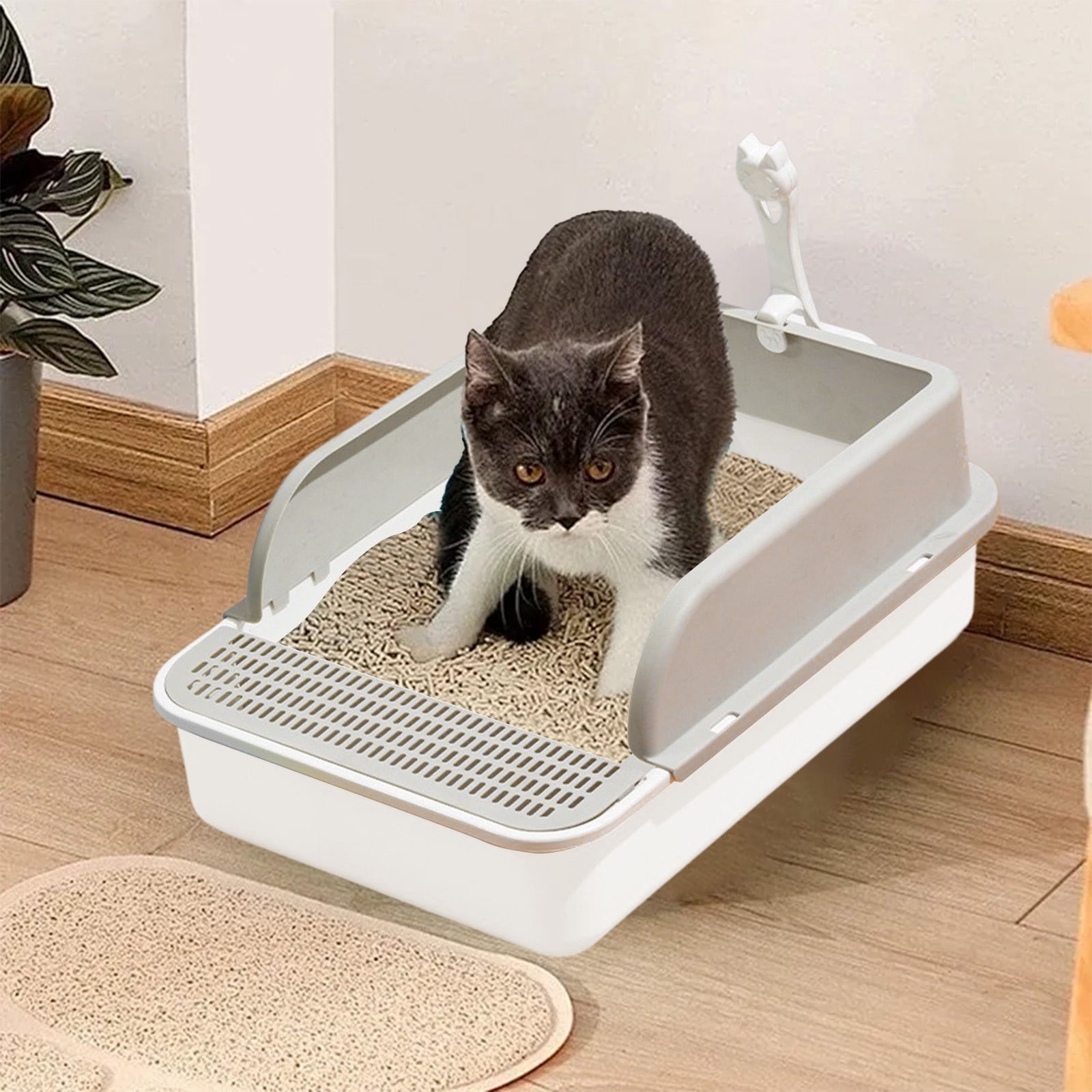 Tunhigl Extra-Large Splash-Proof Cat Litter Box 17x12x7" , Removable Cover & Rim, High-Sided Leak-Proof Design, BPA-Free Plastic, Includes Litter Scoop Gray