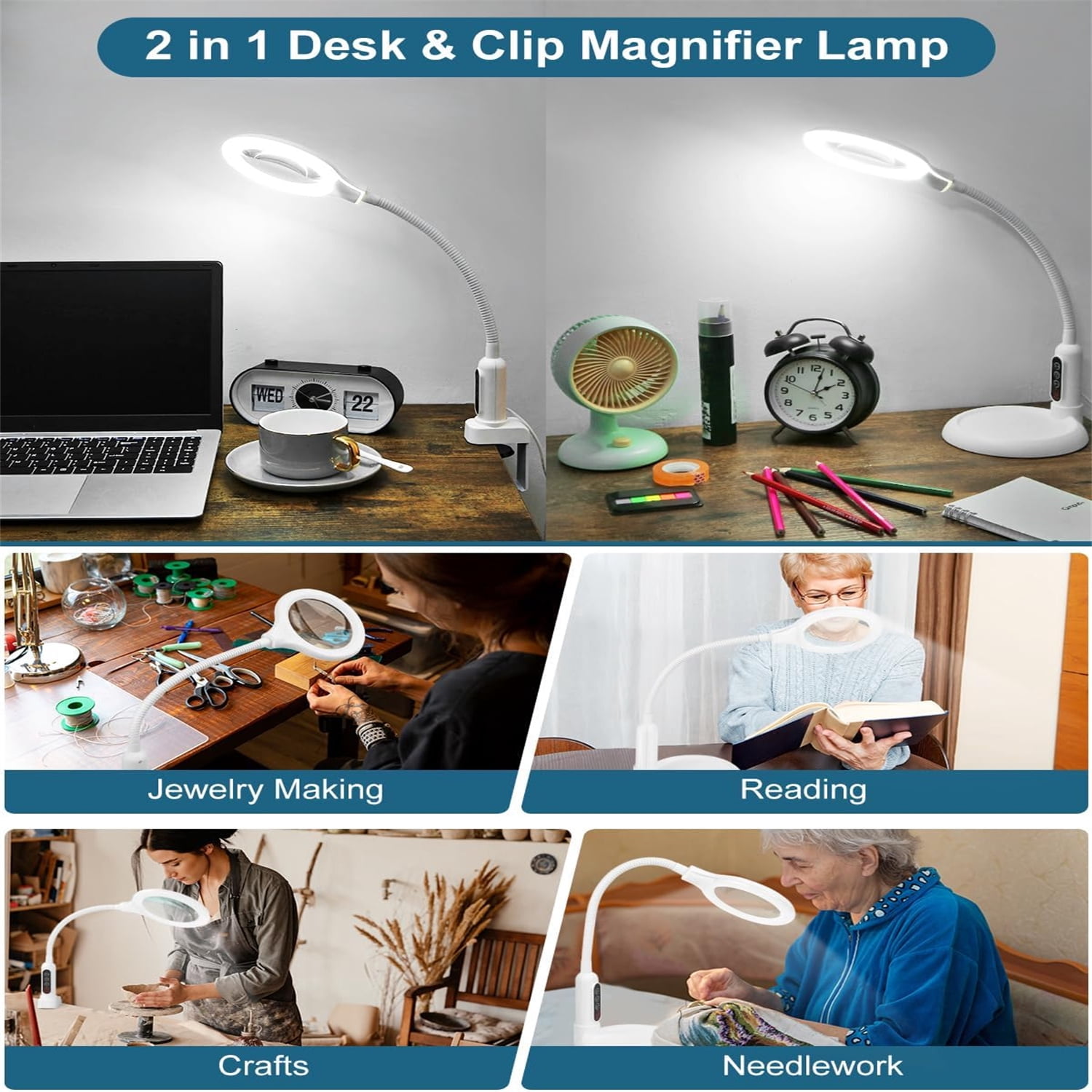 MagnieOpti Lighted Magnifying Glass with Clamp & Stand ,5 Color Modes Stepless Dimming, Hands-Free Flexible Gooseneck LED Lamp  for Craft Reading Repair