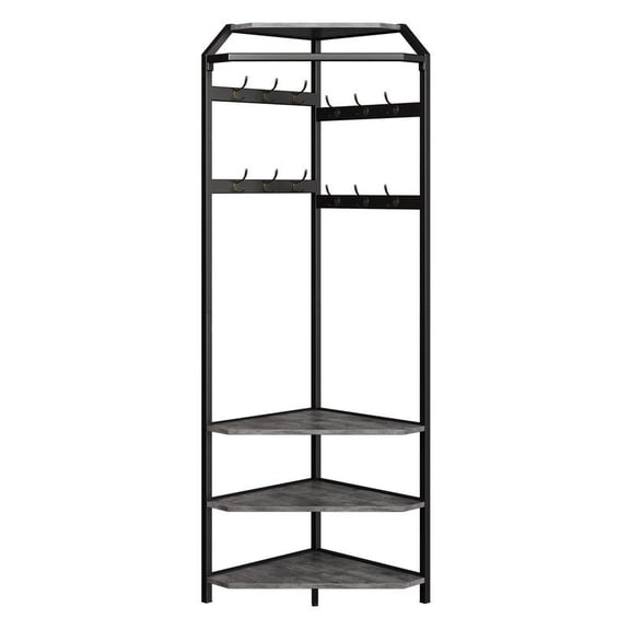 Corner Coat Rack with Shoe Bench Entryway and 12 Double Hooks, Corner Hall Tree - Corner Clothes Rack with Storage Corner Tree with Organizer Shoe Bench Shelf for Entryway, Hallway, Closet, Brown