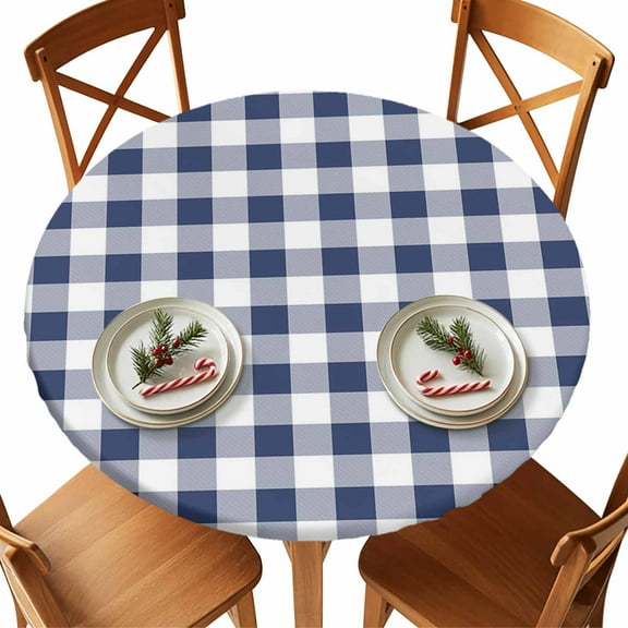 Round Tablecloth Navy Blue White Plaid Elastic Edge Fitted Rustic Vintage Checkered Plastic Table Cover,Waterproof Oil Proof for Dinner,Outdoor, Picnic, 45"- 54" DIA Tables