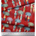 thumbnail image 2 of Soimoi Red Moss Georgette Fabric Monsoon Theme Human Figure Printed Fabric 1 Yard 42 Inch Wide, 2 of 5