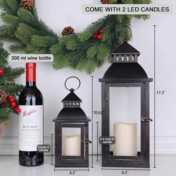 LED Lanterns Decorative Outdoor&Indoor, Set of 2 Large Bronze Metal Lantern Decor with LED Candle