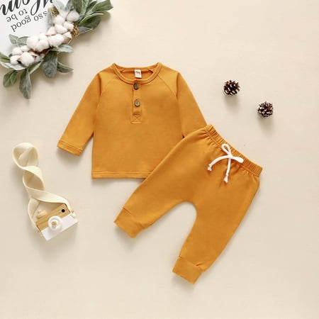 

BadyminCSL Infant Baby Boys Girls Solid Long Sleeve Button Tops + Pants Outfit Set