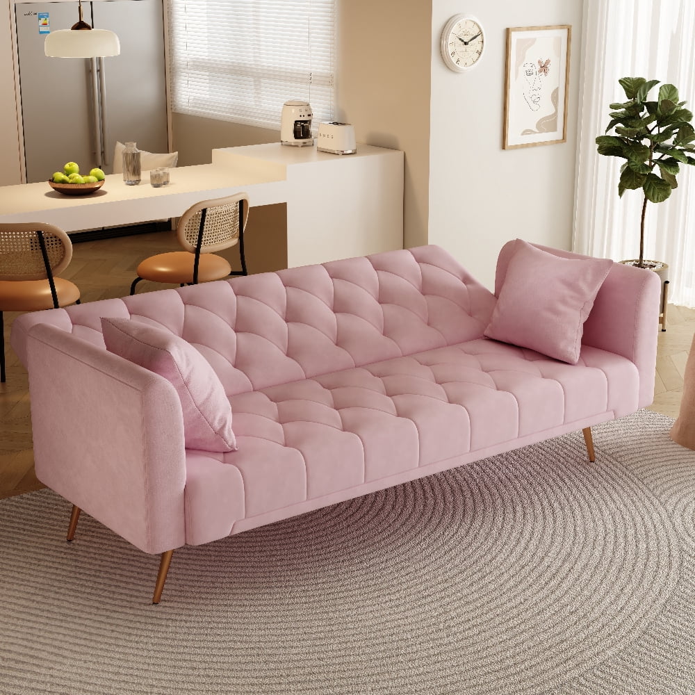 Oufan 71" American Convertible Sofa, Velvet Loveseat with Adjustable Backrest & Metal Legs, 2-Seater Couch for Living Room, Apartment, Pink