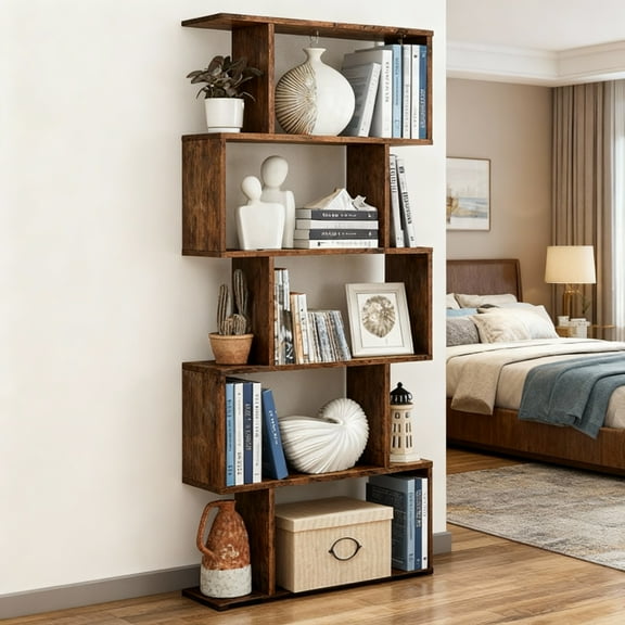 LEDREM 5-Tier Bookcase & Room Divider - Freestanding Storage Shelf for Home, Office, 27.6"L x 62.6"H, Decorative Display Shelving, Rustic Brown