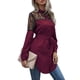 thumbnail image 1 of Blusa de encaje color rojo vino con cuello redondo, botones y cinturón de cintura alta - Top de mujer de largo medio, 1 of 6