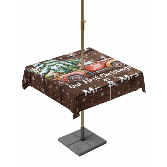 Outdoor Tablecloth with Umbrella Hole and Zipper, Christmas Truck Square Table Cloth 54x54 Inch Waterproof Tablecloth, Winter Snowflake Xmas Tree Wood Grain Brown Picnic Table Cover for Patio Camping