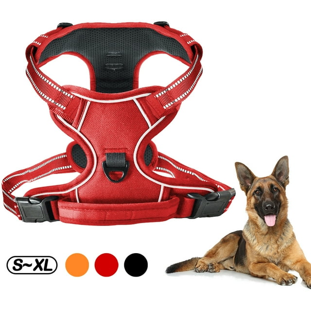 Dog Harness, No-Pull Pet Harness with 2 Leash Clips, Adjustable Soft Padded Dog Vest, Reflective No-Choke Pet Oxford Vest with Easy Control Handle for Large Dogs, Red, L