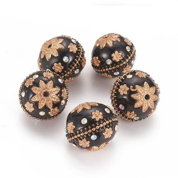 10 pc Handmade Indonesia Beads with Rhinestones and Alloy Cores Round Light golden Black 25mm Hole: 2mm