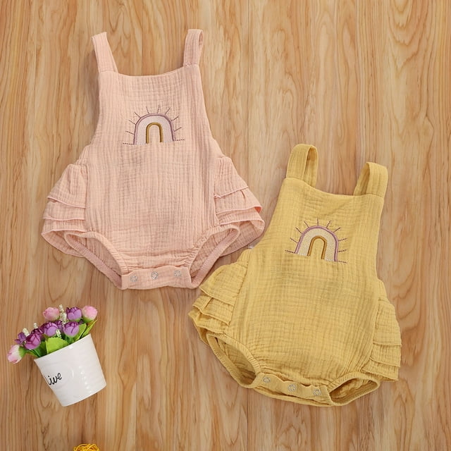 Baby Romper, Solid Color Sleeveless Pleated Ruffle Outfit, Sling Cute Pattern Button Closure Jumpsuit, Unisex Summer Romper