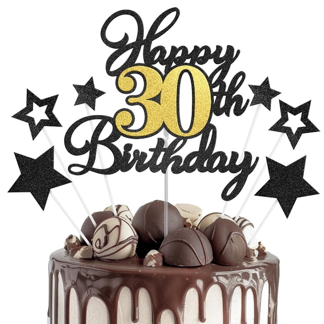 Cake Topper OffiCreative 30.º cumpleaños negro y dorado con brillo