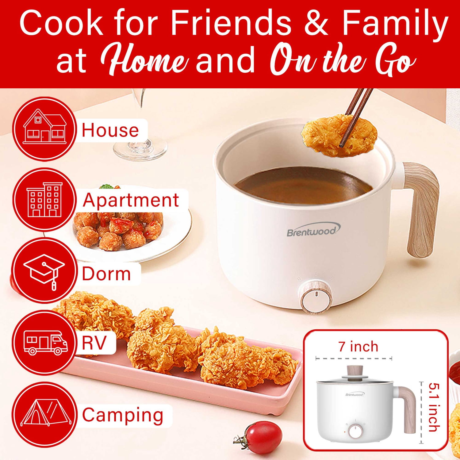 Brentwood 1.6-Qt. Multifunction Electric Ceramic Non-Stick Hot Pot Cooker with Stainless Steel Food Steamer, White