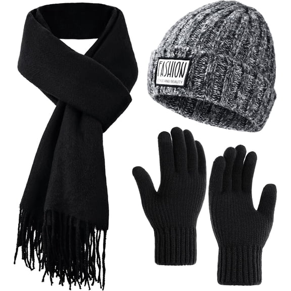 Winter Hat Beanie Long Scarf Touchscreen Gloves Set, 3 count Soft Thick Gloves Skull Cap Scarf Set for Women Men