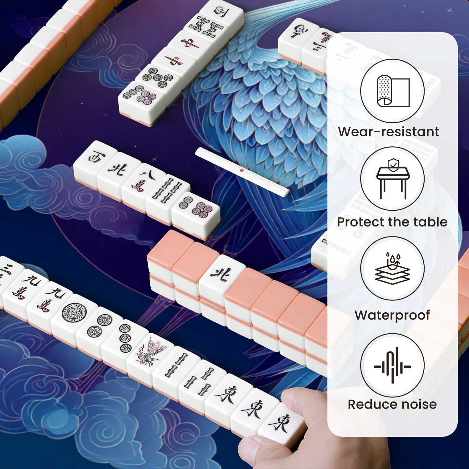 Chinoiserie Mahjong Mat 31.5" x 31.5" Blue Sky Crane Flat Non-Slip Noise Reduction Mahjong Tiles Table Cover for Dominoes Poker Card Board and Tile Games