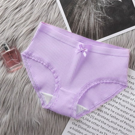 Limited Edition: Womens Panties Pack  Paquete de Bragas  Women s Mid-waist Solid Color Threaded Lace Bow Breathable Underwear Briefs SOPATENOR Purple L