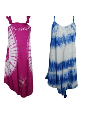 Mogul 2pc Womens Tank Dress Embroidered Tie Dye Spaghetti Swing Beach Coverup