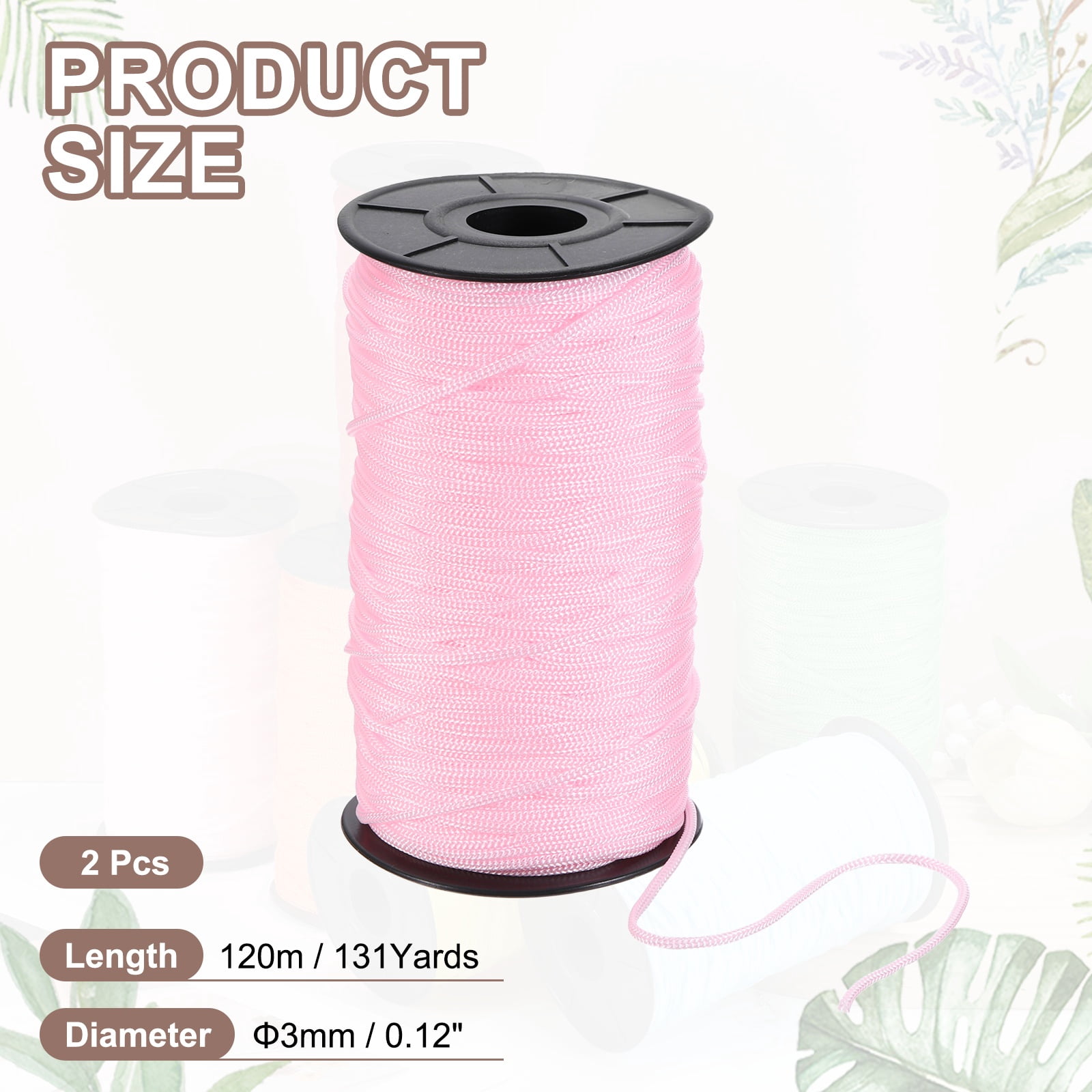 Uxcell 2 Pcs Polyester Macrame Cord, 3mm x 131 Yards Polypropylene Crochet Braided Rope Macrame Yarn for Wall Hangings Bag Craft Knitting, Pink
