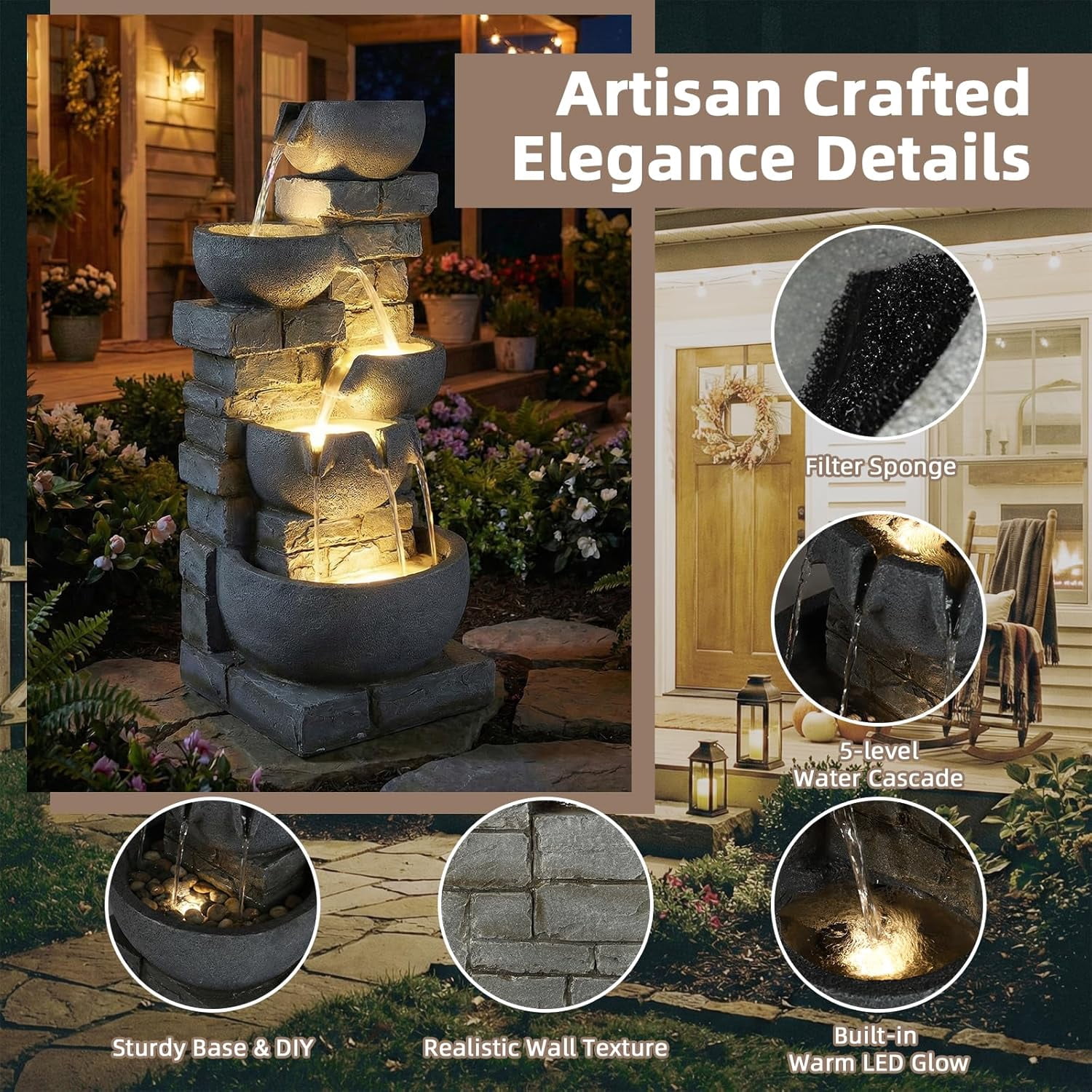 EPICOZY 33" Tall Outdoor Water Fountain, 5 Tier Cascading Bowls and Stacked Stone Wall Waterfall Fountain with Warm LED Lights, Resin Garden Water Feature for Patio, Backyard and Home Art Décor