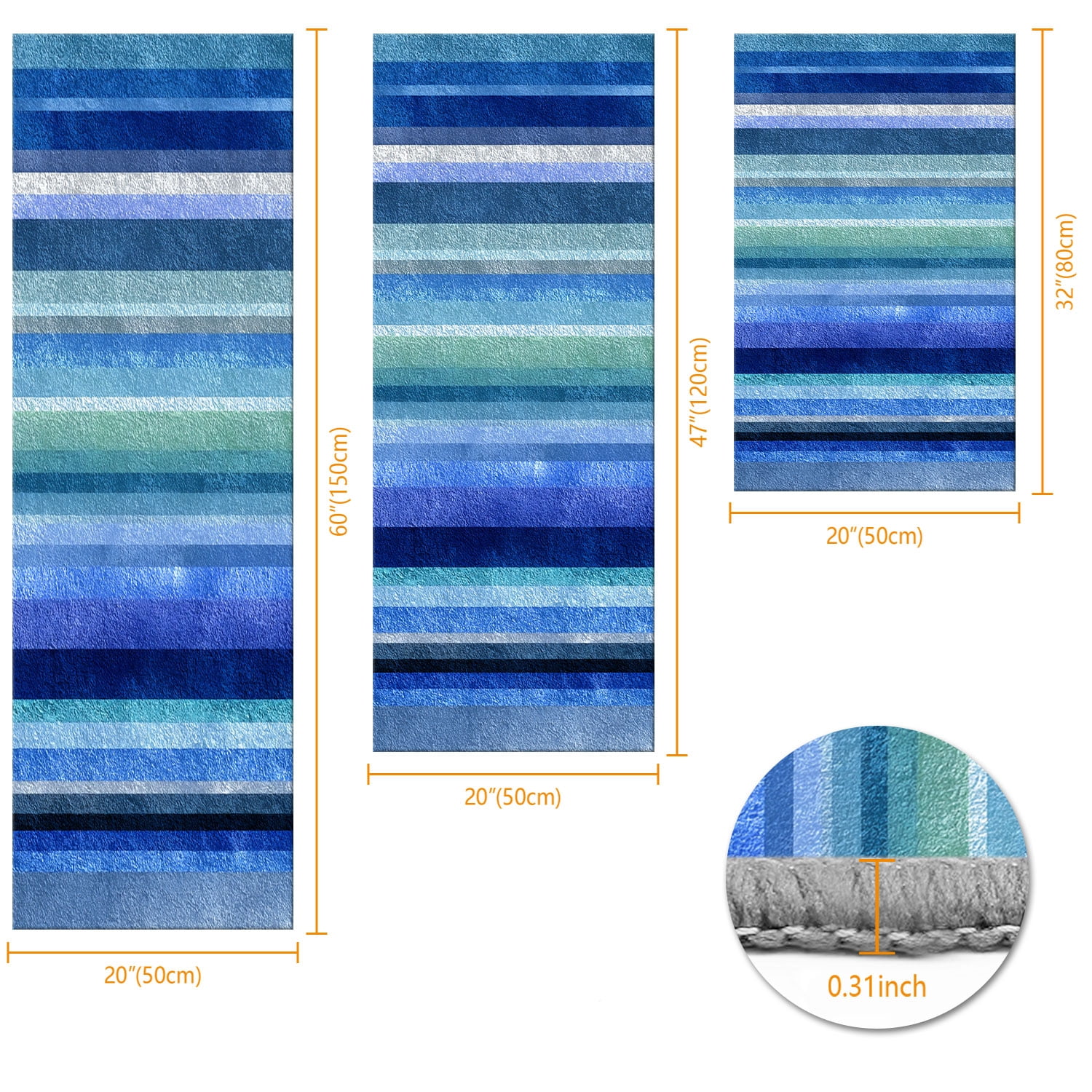 3-Piece Farmhouse Kitchen Rug Set, Washable Anti Slip Striped Floor Mats in 3 Sizes, Stain Resistant Decor Rugs for Kitchen Hallway Bathroom Home Christmas Decor