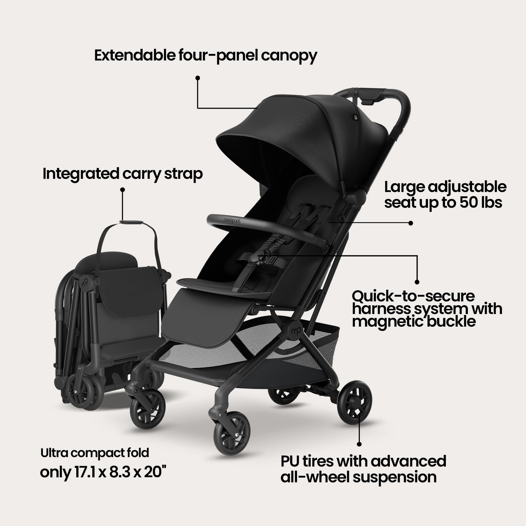 Mompush Velo Lightweight Travel Stroller with Lie-Flat Recline Seat, Airplane Friendly, Black, 18.8 LB, Unisex