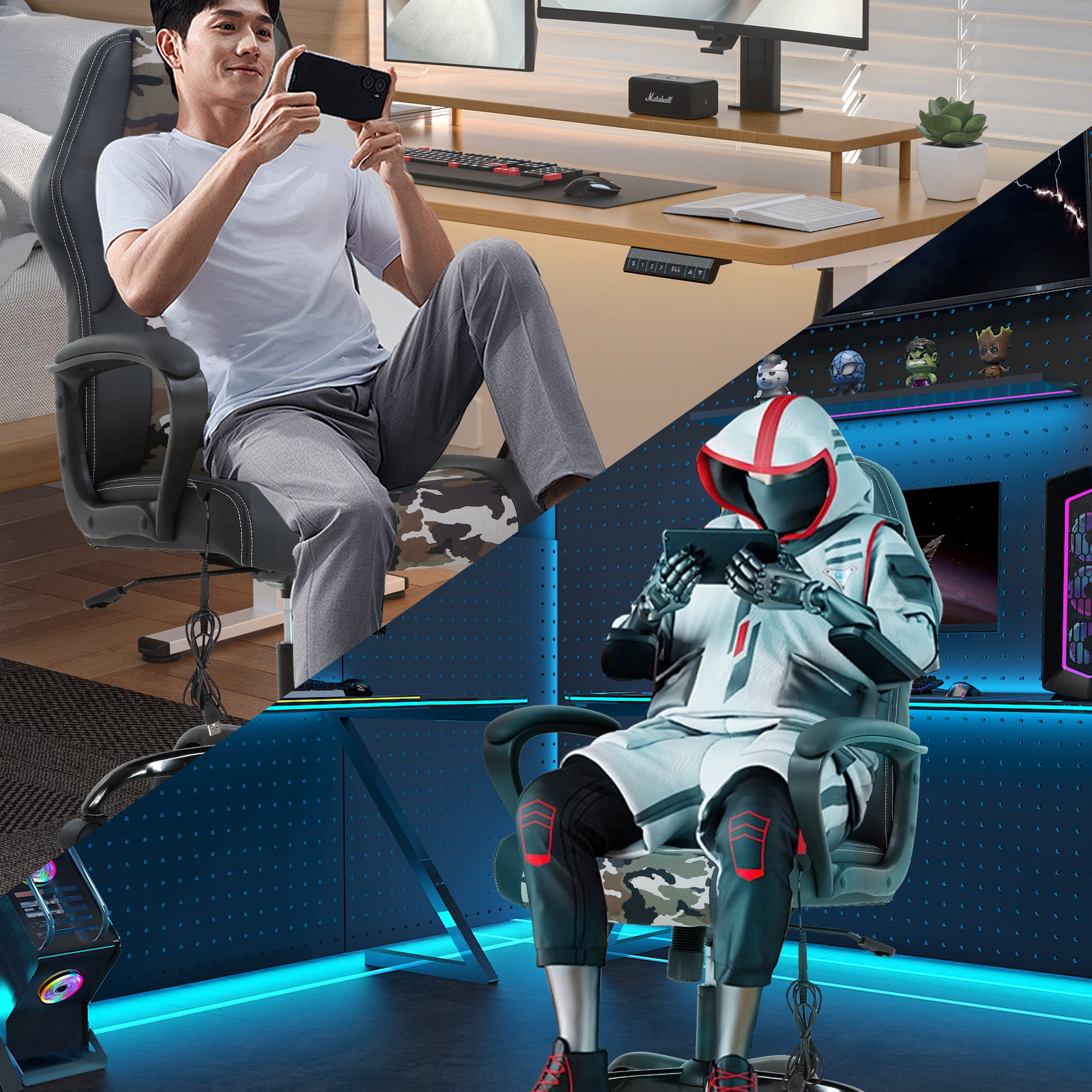 YRLLENSDAN Massage Gaming Chair Video Game for Adults, PU Leather Computer Chair with Arms & Massaging Back Ergonomic High-Back Video Game Chair for Men Women, Camo