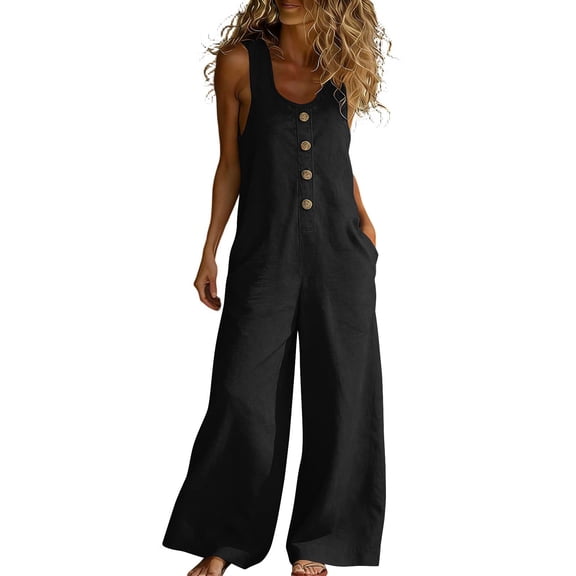 RYRJJ Summer Jumpsuits for Women Button Down Sleeveless Casual Jumpers Loose Wide Legs Rompers Overalls Pants with Pockets(Black,XXL)