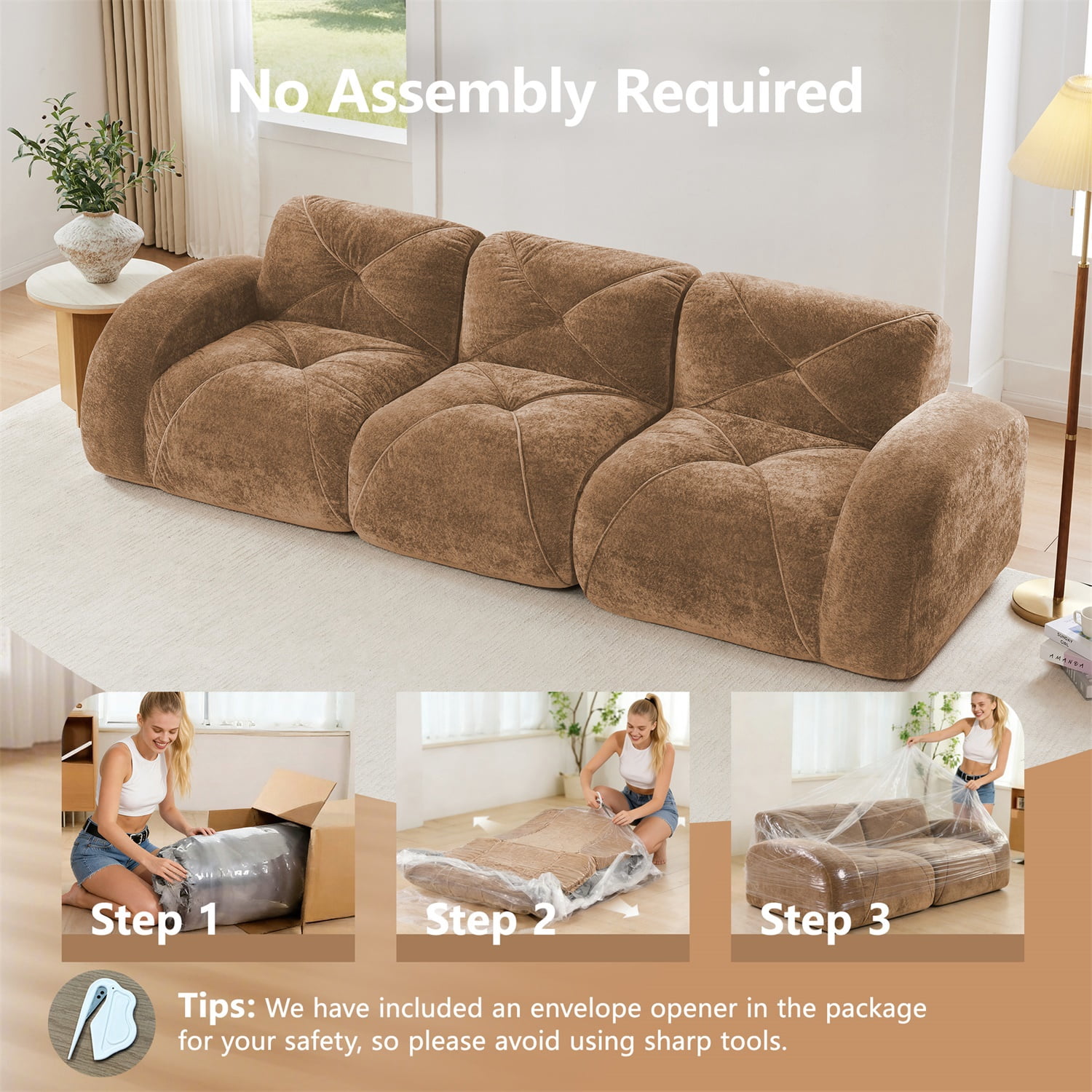 Hommoo 110" Boneless Sofa With Tufted, Luxruious Velvet Fabric Modular Sectional Sofa Couches, for Living Room Apartment, Camel