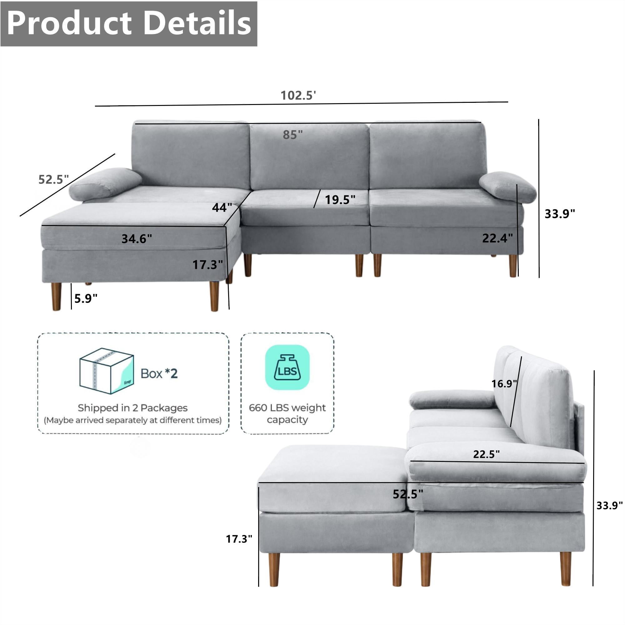 Aukfa 100" Velvet Sectional Sofa Modular Couch with Chaise for Living Room, Gray