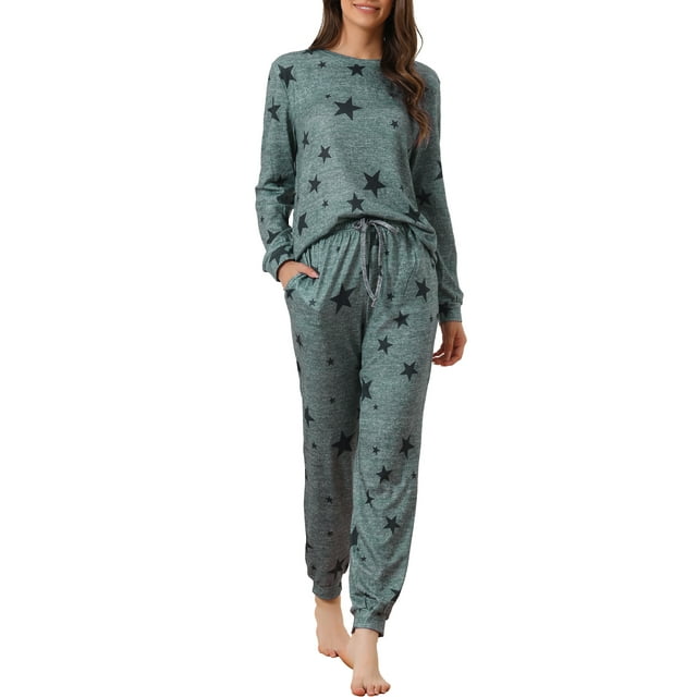 Conjunto de pijama de manga larga para mujer INSPIRE CHIC, sudadera de punto con estampado de estrellas, 2 piezas, ropa de dormir, L gris