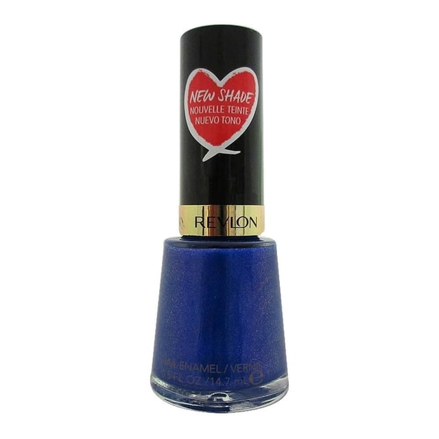 Esmalte para uñas Revlon 495 sultry 14.7 ml en tono azul con brillo duradero, botella cilíndrica con tapa negra y anillo dorado, ideal para manicure que protege las uñas y evita quiebres, también usado para detalles decorativos en uñas.