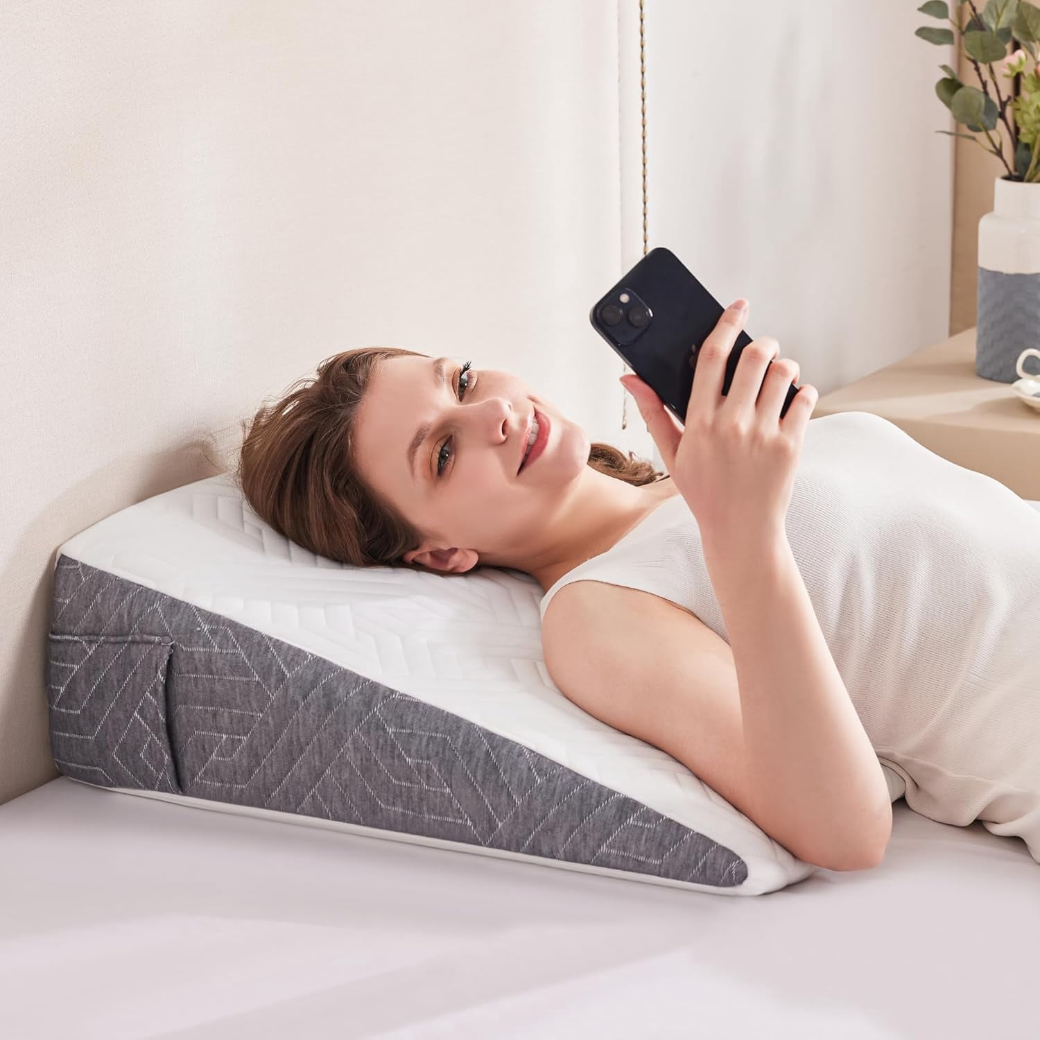 Wedge Pillow for Sleeping Memory Foam Bed Support for Acid Reflux GERD Snoring Back Pain Relief and Leg Elevation 24x24x7.5 inch White Grey