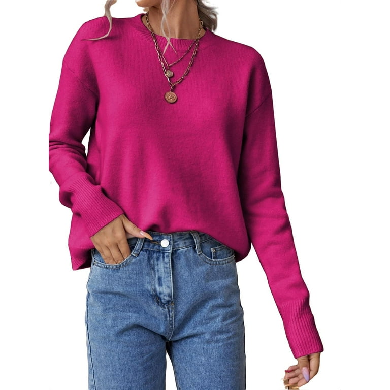 Womens Sweaters Casual Plain Round Neck Pullovers Hot Pink L ...