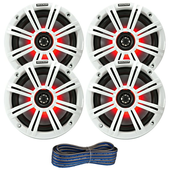 2 Pair (QTY 4) of Kicker 6.5" 2-Way 195 Watts Max Power Coaxial Marine Audio MultiColor LED Speakers with White Grilles, 50-Feet 16 Gauge Speaker Wire