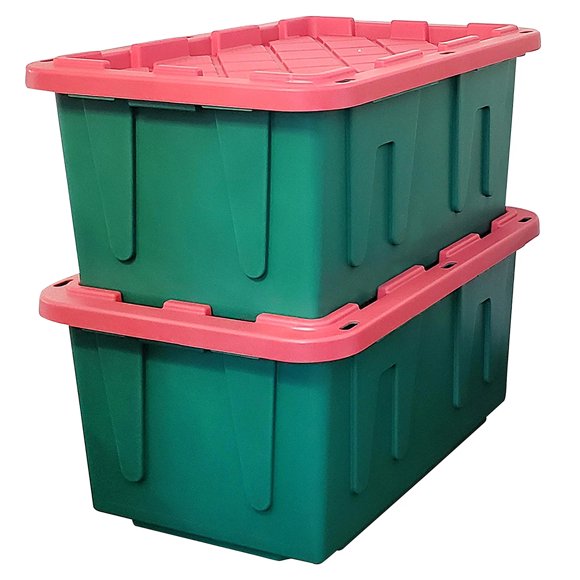 HOMZ Durabilt 27 Gallon Heavy-Duty Holiday Storage Tote, Green/Red (2 Pack)